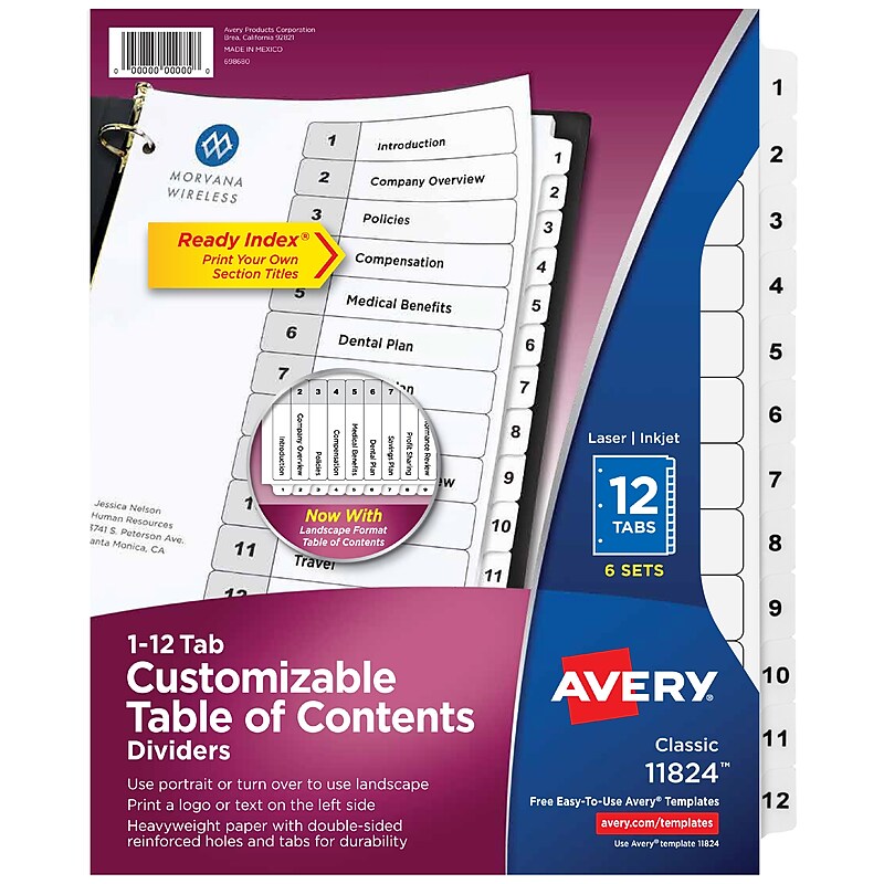 Avery Ready Index Table of Contents Paper Dividers, 1-12 Tabs, White, 6 Sets/Pack (11824) image 1