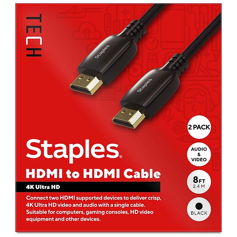 Staples TECH 8 ft. HDMI to HDMI Audio/Video Cable, Male to Male, Black, 2/Pack (ST62467-VB) image 1
