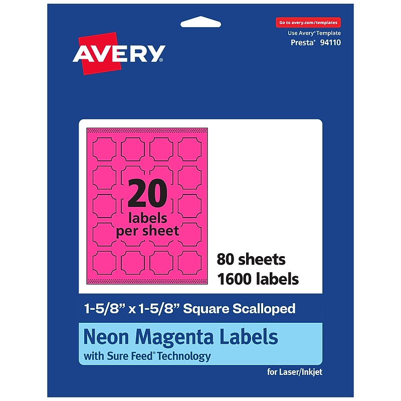 Avery Square Scalloped Laser/Inkjet Multipurpose Labels, 1-5/8" x 1-5/8", Neon Magenta (1600/Box) image 1