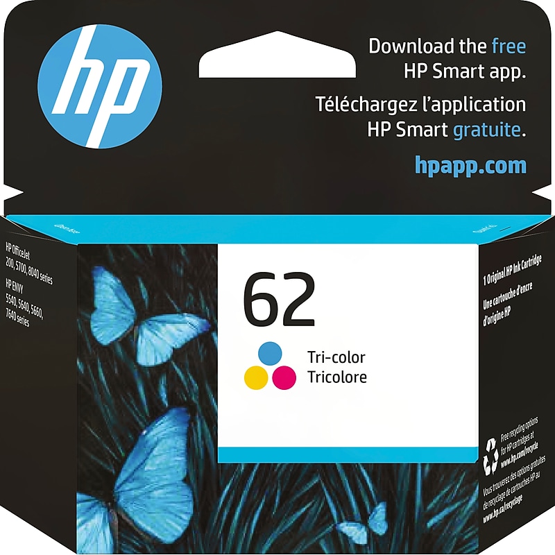 HP 62 Tri-Color Standard Yield Ink Cartridge, Prints Up to 165 Pages (C2P06AN#140) image 1