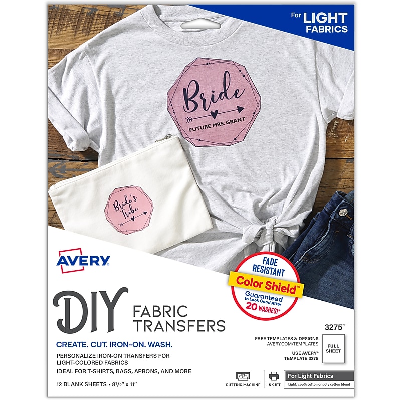 Avery Heat Iron On Transfer Paper for Light Fabrics, 8.5" x 11" (3275) image 1