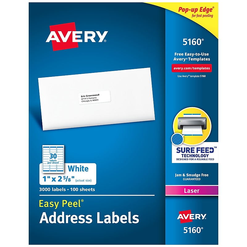 Avery Easy Peel Laser Address Labels, 1" x 2-5/8", White, 3,000 Labels/Box (5160) image 1