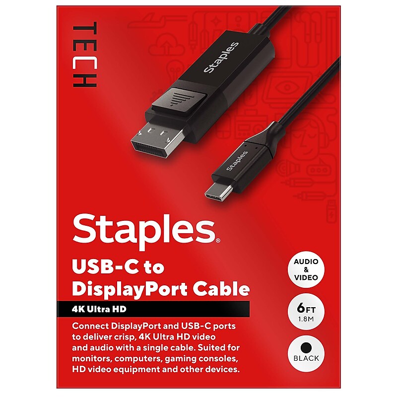 Staples TECH 6 ft. USB-C to Display Port Audio/Video Cable, Male to Male, Black (ST62471) image 1