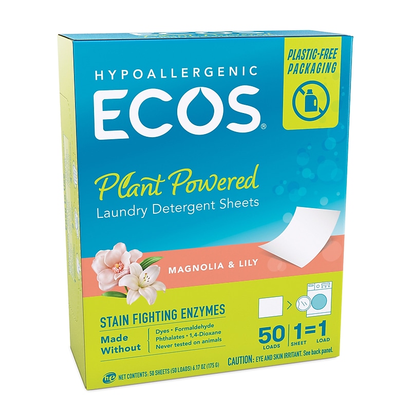 ECOS Laundry Detergent Sheets with Stain Fighting Enzymes, Magnolia & Lily, 50/Pack (9536/10) image 1