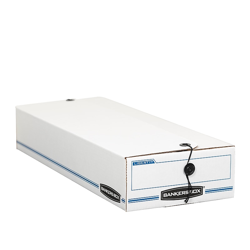 Bankers Box Liberty Corrugated File Box String and Button Box, Check Size, White/Blue (4662401) image 1