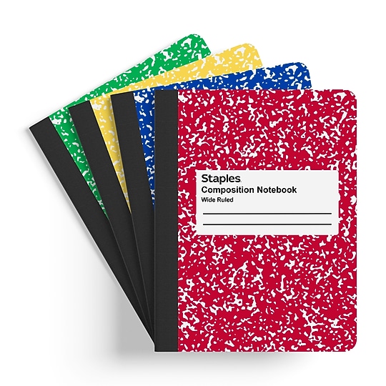 STAPLES Composition Notebook, 7.5” x 9.75”, Wide Ruled, 100 Sheets, Assorted Colors, 4‑Pack~#|#~7052AE40-7112-4C26-8E6BE8C079D35680_sc7