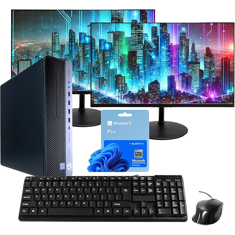 HP EliteDesk Refurbished Desktop Computer with Two 24" Monitors, Intel Core i5-8500, 16GB RAM, 500GB SSD, Windows 11 Pro image 1
