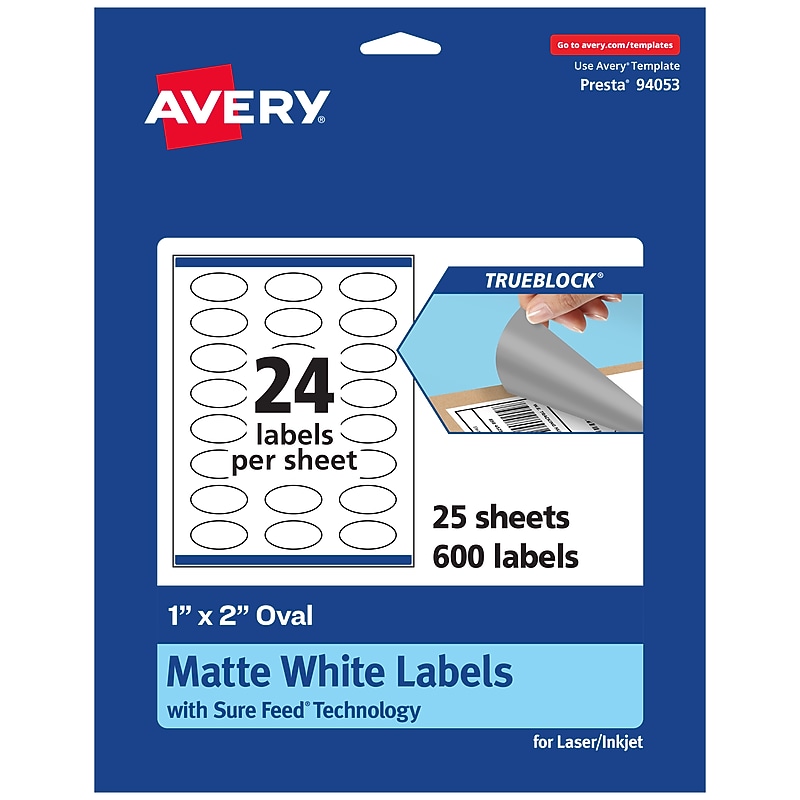Avery TrueBlock Laser/Inkjet Oval Multipurpose Labels, 1" x 2", White, 600/Pack (94053) image 1