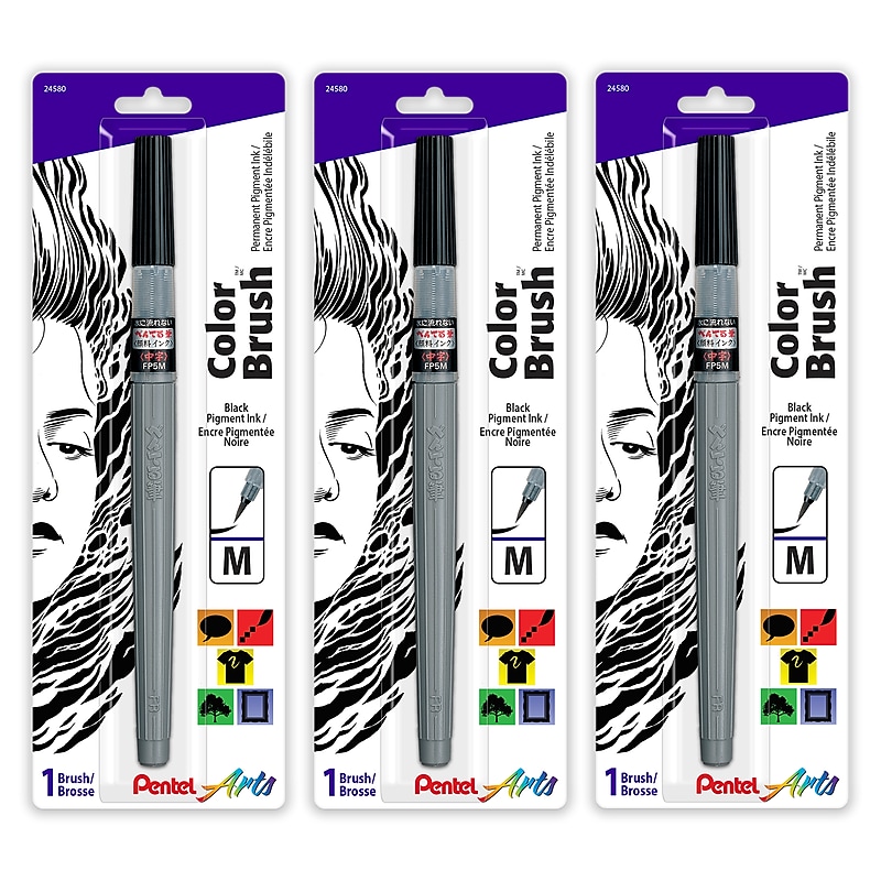 Pentel Arts Color Brush with Pigment Ink, Medium Tip, Black, 3/Pack (PTAFP5MBPA-3) image 1