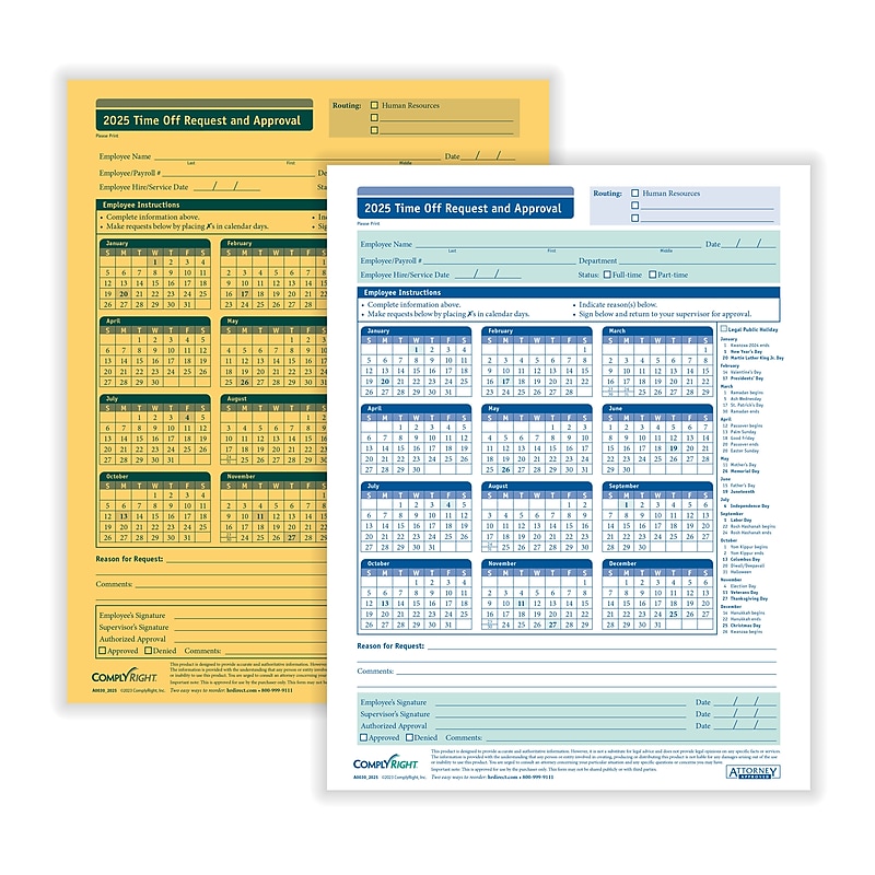 ComplyRight 2025 Time Off Request and Approval Form, 2-Part, 50 Forms/Pack (A0030) image 1