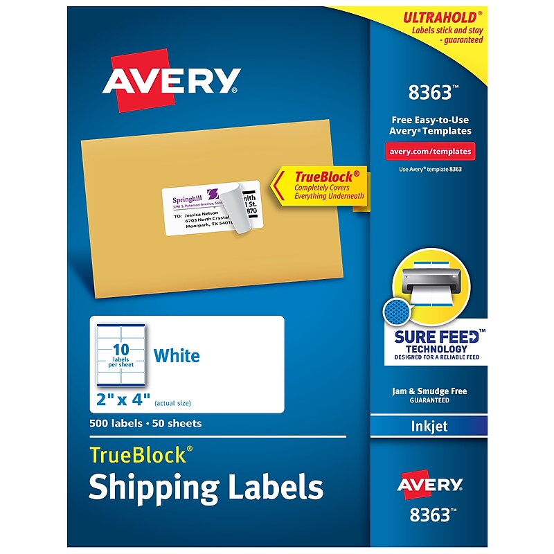 Avery TrueBlock Inkjet Shipping Labels, 2" x 4", White, 500 Labels/Box (8363) image 1