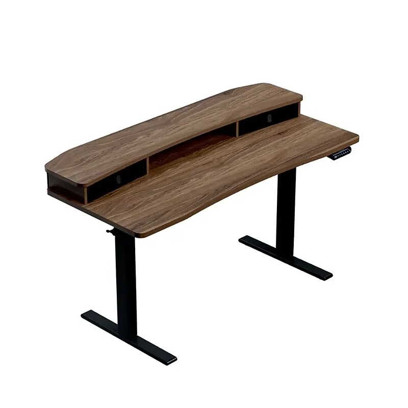Huanuo 55"W Electric Rectangular Adjustable Standing Desk with Riser and Drawers, Walnut (HNESD101WN) image 1