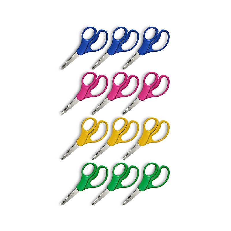 Staples Teacher Pack 5" Kids Pointed Tip Stainless Steel Scissors, Straight Handle, Right & Left Handed, 12/Pack (TR55057) image 1