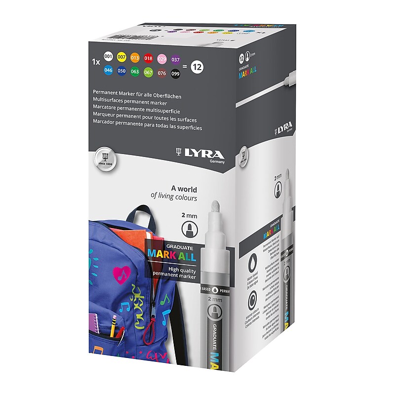 Lyra Graduate Mark All Water-Based Marker, Assorted Colors, 2mm Medium Tip, 12/Pack (LYXL6821120) image 1