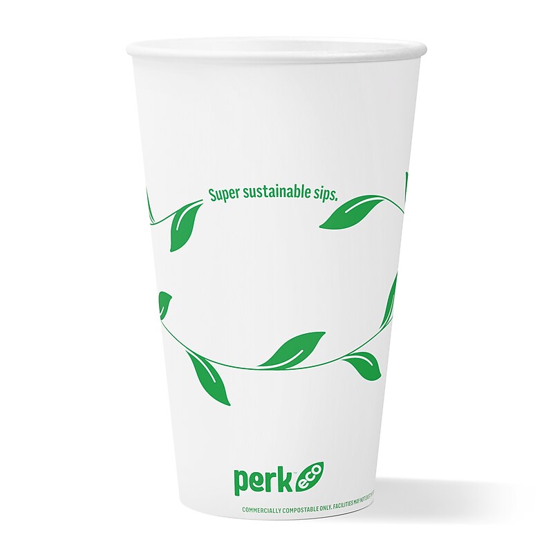 Perk™ Eco Compostable Paper Hot Cup, 16 Oz., White/Green, 300/Carton (PK56221) image 1