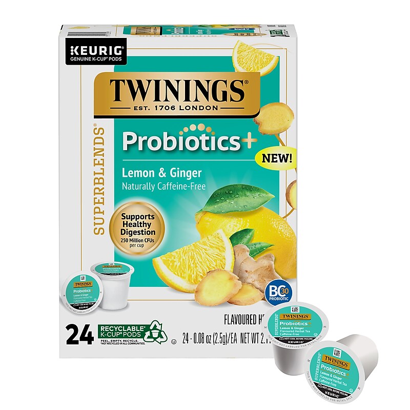 Twinings Probiotics+ Herbal Lemon & Ginger Tea, Keurig® K-Cup® Pods, 24/Box (F16930) image 1