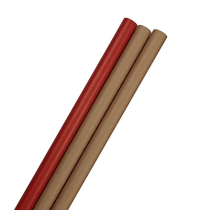 JAM Paper Wrapping Paper, 87.5 Sq Ft, Red Kraft Stripes and Solid Deluxe Set, 3 Rolls/Pack (77450120) image 1