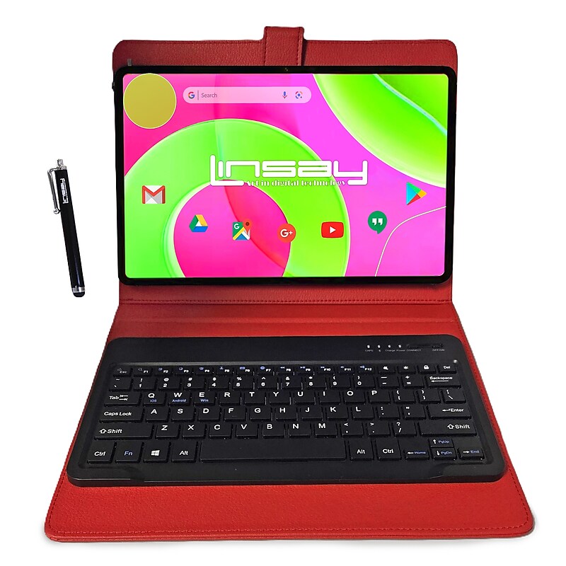 LINSAY 12" Octa Core Tablet, 8GB RAM, 256GB Storage, Android 14, Bundled with Red Keyboard and Stylus Pen image 1