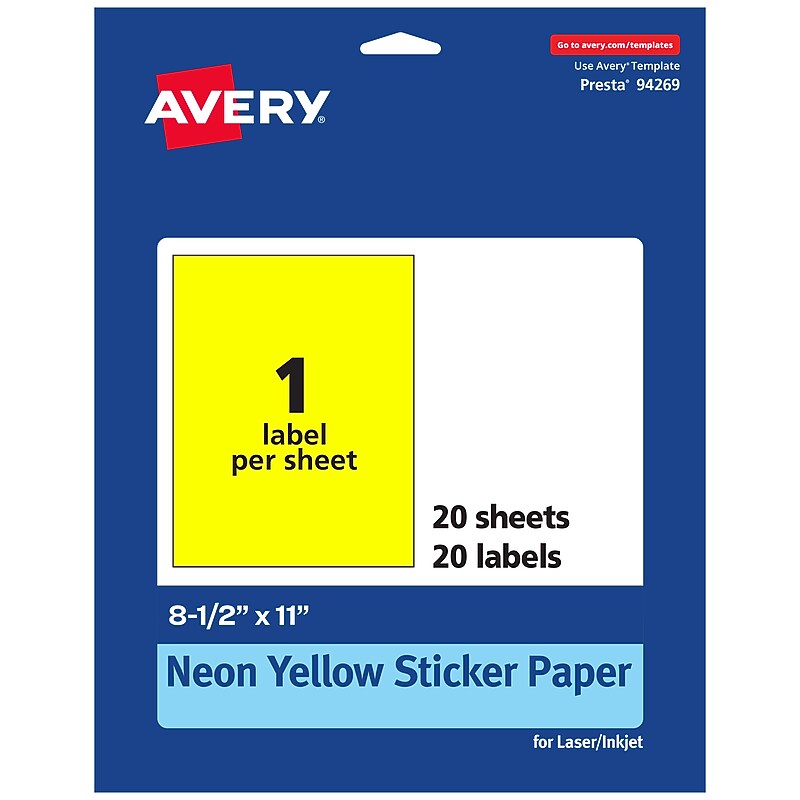 Avery Laser/Inkjet Multipurpose Rectangle Labels, 8.5" x 11", Neon Yellow, 20/Pack (94269) image 1