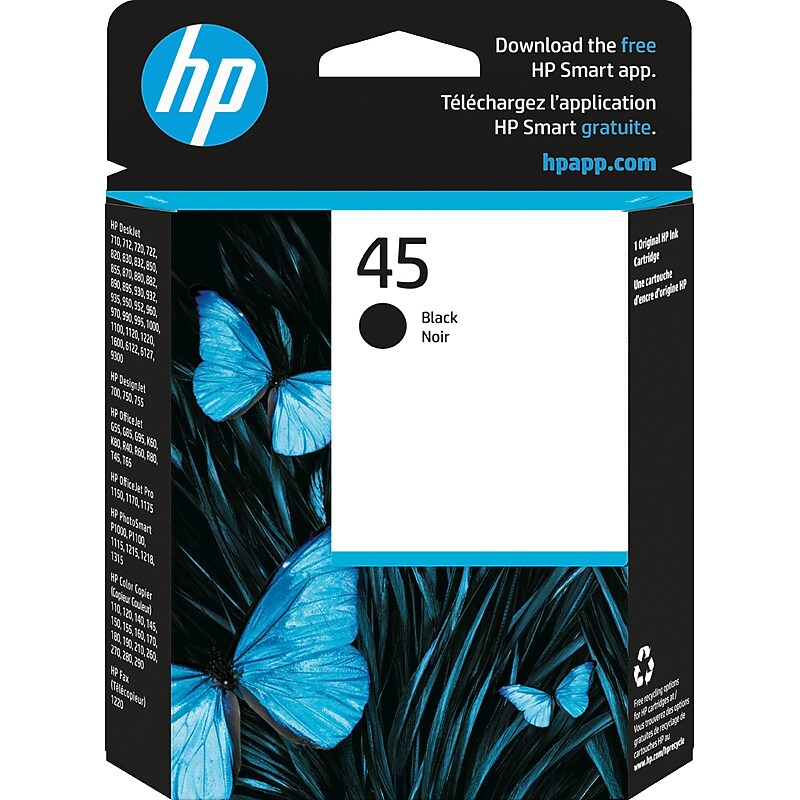 HP 45 Black Standard Yield Ink Cartridge, Prints Up to 930 Pages (51645A#140) image 1