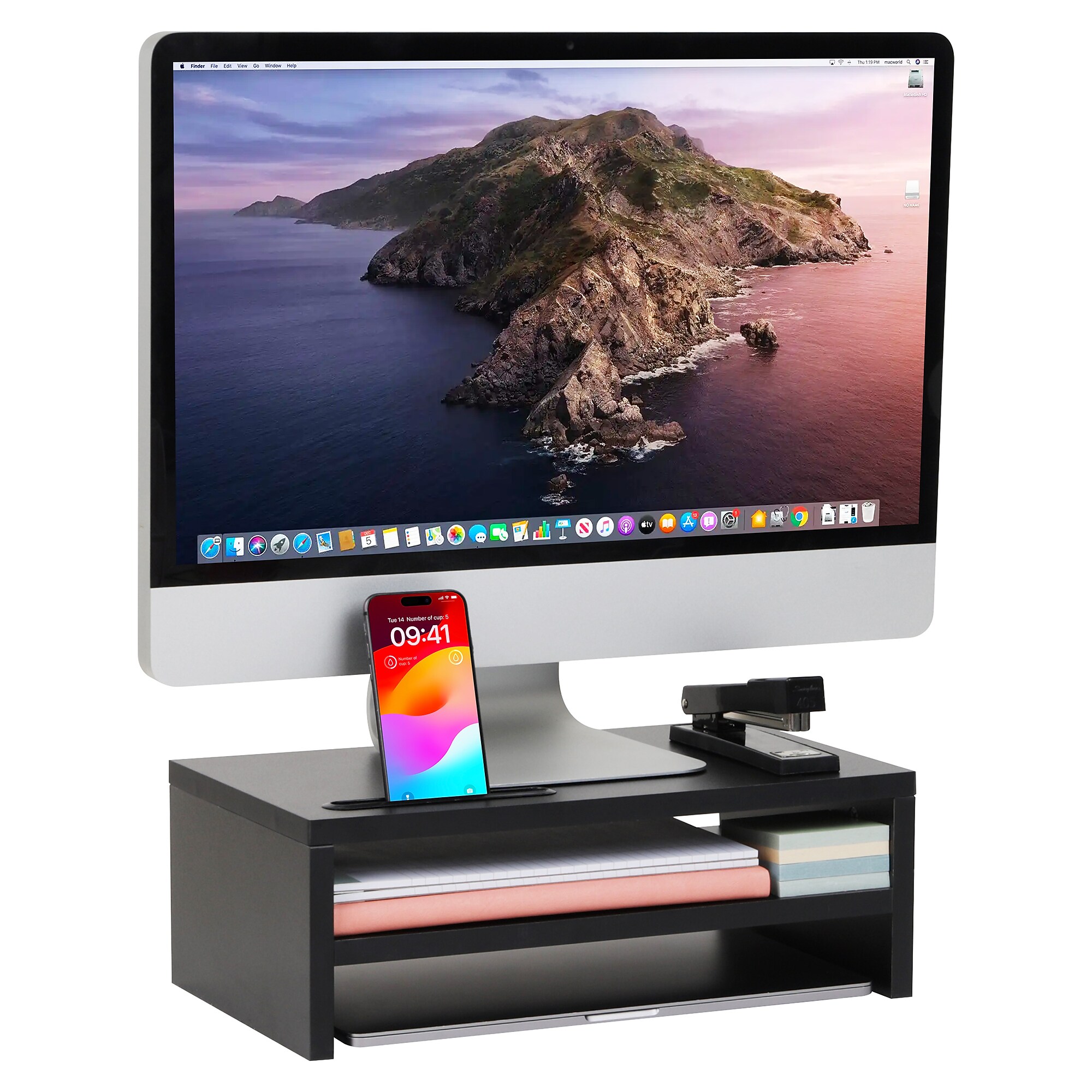 Mind Reader Monitor Stand with Phone Slot and Storage Shelf, Desktop Riser, Up to 88 lbs., Black (MDFSLOT-BLK) Simolary simolary.com