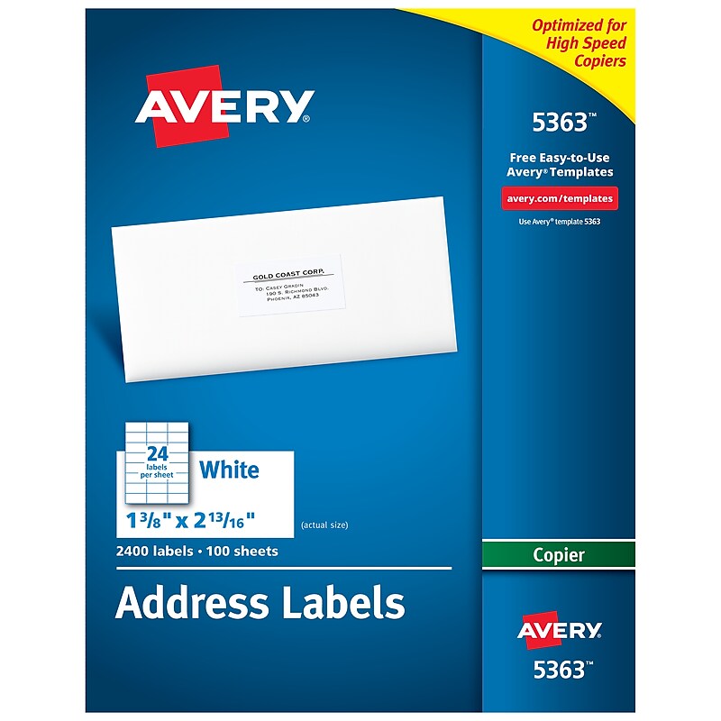 Avery Copier Address Labels, 1-3/8" x 2-13/16", White, 2,400 Labels/Box (5363) image 1
