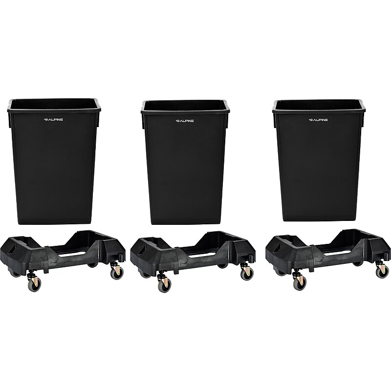 Alpine Industries Polypropylene Trash Can and Dolly, 69 Gallon, Black, 3/Pack (ALP477-BLK-3PKD) image 1