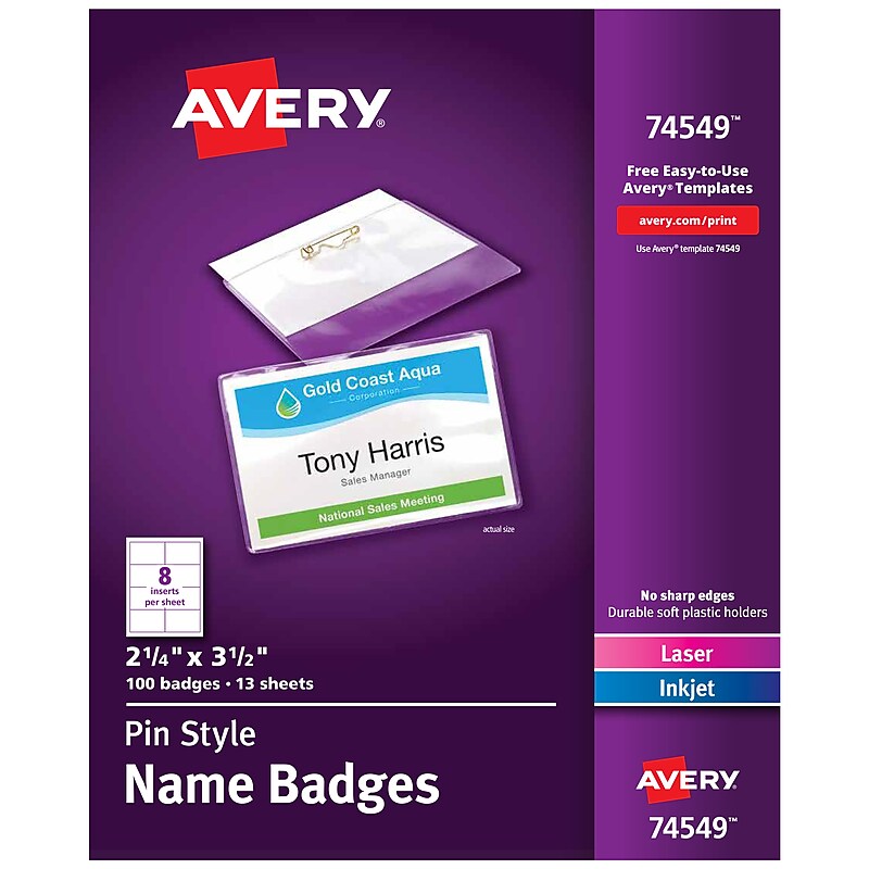 Avery Pin Style Laser/Inkjet Name Badge Kit, 2 1/4" x 3 1/2", Clear Holders with With Inserts, 100/Box (74549) image 1