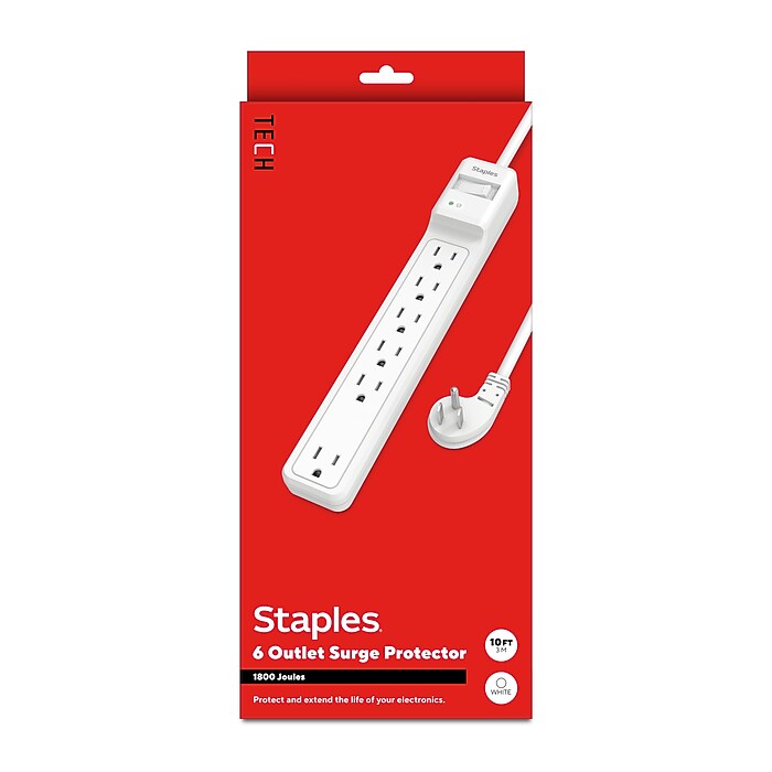 Staples TECH 6-Outlet Surge Protector, 10', 1800 Joules, White