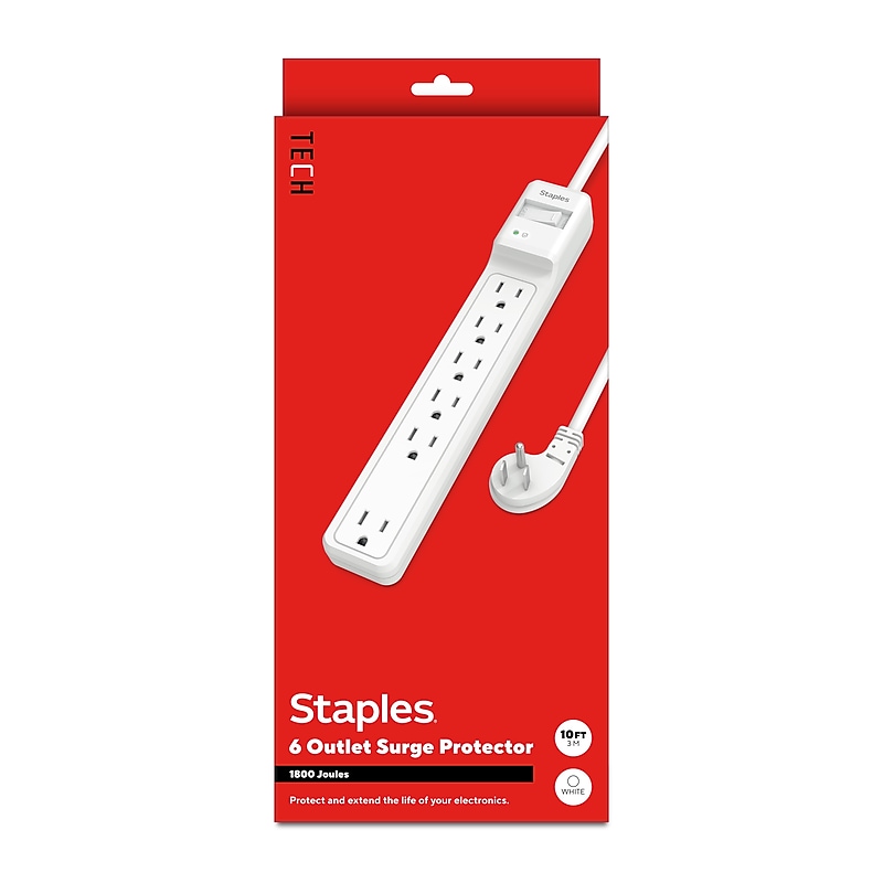 Staples TECH 6-Outlet Surge Protector, 10', 1800 Joules, White (ST62781) image 1