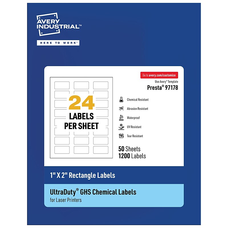 Avery Laser UltraDuty GHS Labels, 1" x 2", White, 1200 Labels/Box (97178) image 1