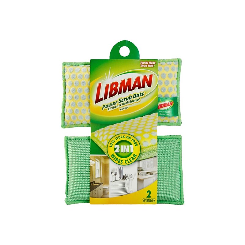 Libman Power Scrub Dots Kitchen & Bath Sponge, Green/Yellow, 2 Sponges/Pack (336) image 1