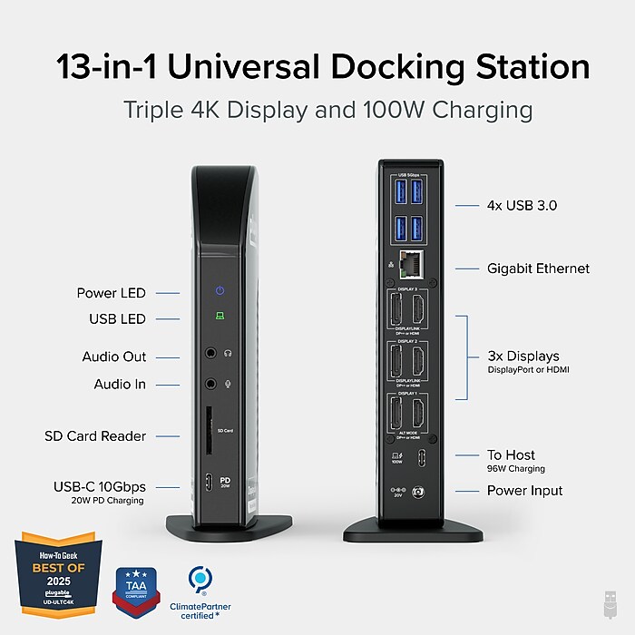 Plugable USB-C Triple Monitor Docking Station (UD-ULTC4K) | Staples
