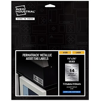 Avery Metallic Laser Asset Tag Labels, 1-1/4" x 2-3/4", Silver, 14 Labels/Sheet, 8 Sheets/Pack, 112 Asset Tags/Pack (61528)