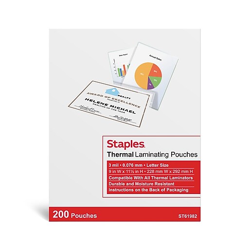 Staples Thermal Laminating Pouches, Letter Size, 3 Mil, 200/Pack