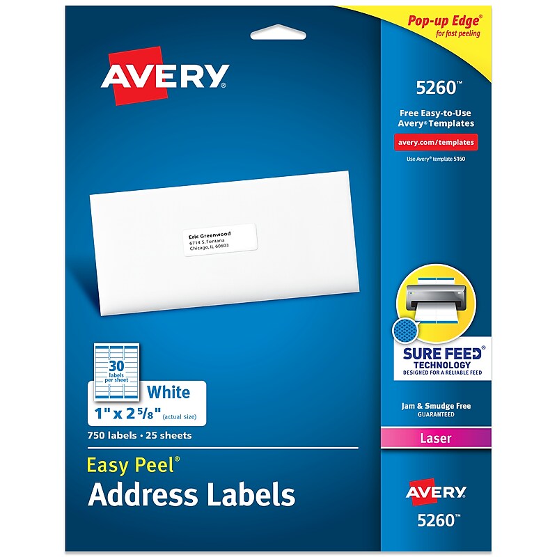 Avery Easy Peel Laser Address Labels, 1" x 2 5/8", Matte White, 750 Labels/Pack (5260) image 1