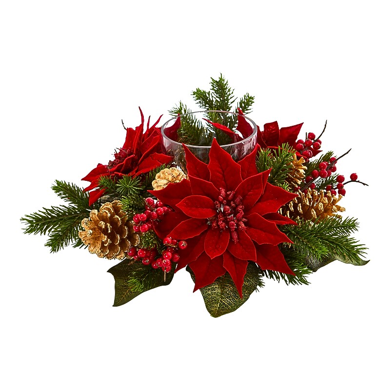 Nearly Natural Poinsettia, Berry and Golden Pinecone Candelabrum Artificial Arrangement (4270) image 1
