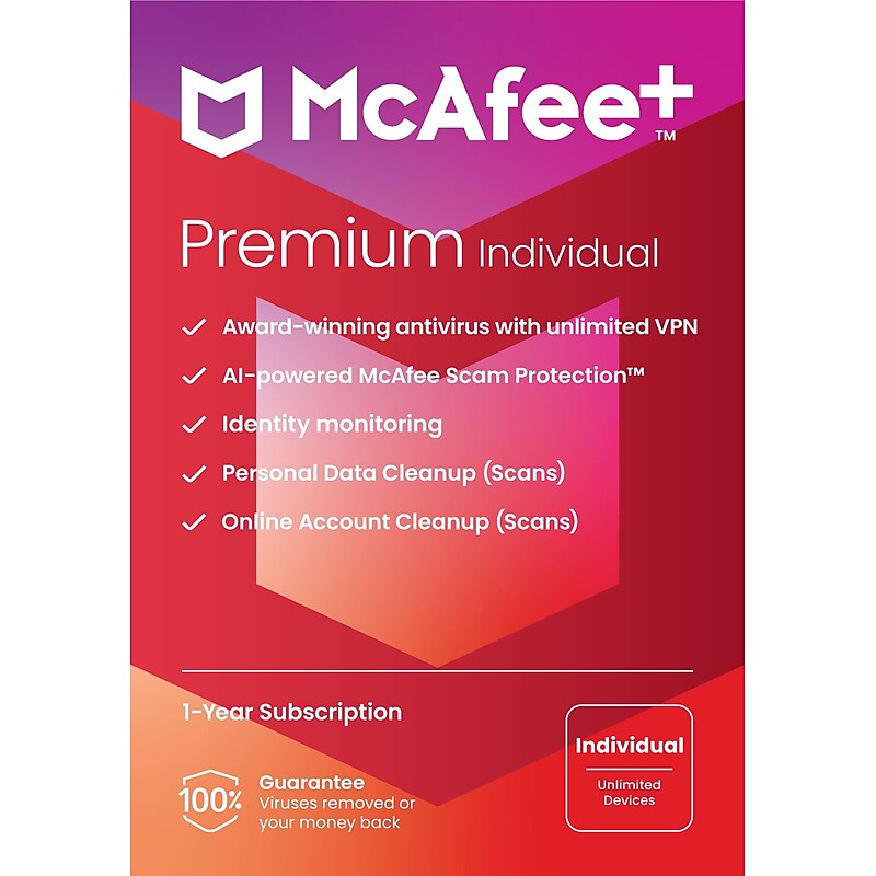 McAfee+ Premium Individual for Unlimited Devices, Windows/macOS/Android/iOS/ChromeOS, Product Key Card (MPP41ESTURPIM) image 1
