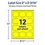 Avery Laser/Inkjet Arched Square Multipurpose Labels, 2" x 2-3/16", Neon Yellow, 120/Pack (94124)~#|#~721DFEA7-0207-4E3D-8BD008AD4470B2E7_sc7