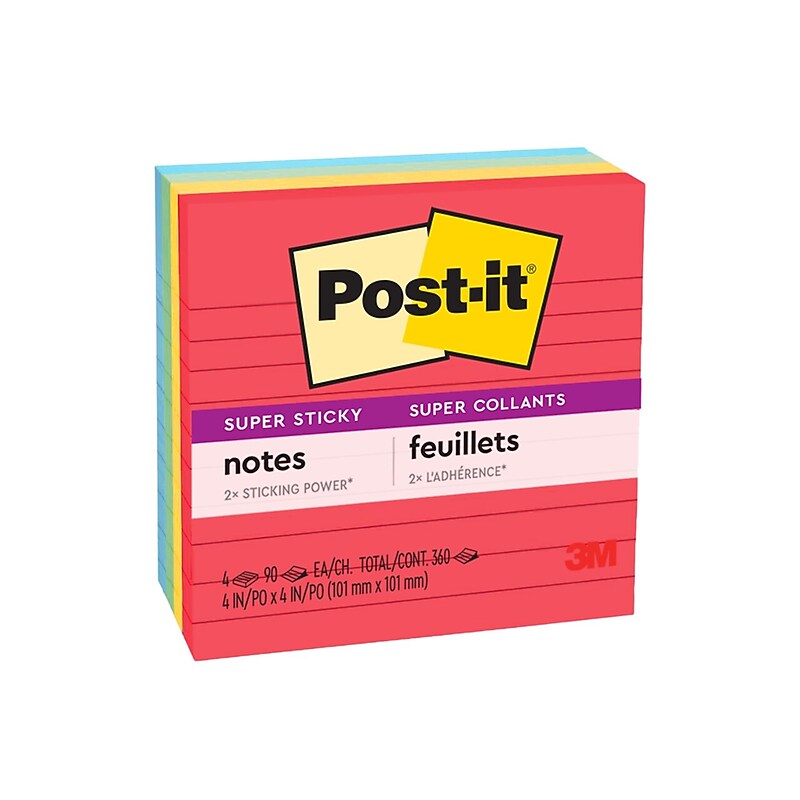 Post-it Super Sticky Notes, 4" x 4", Playful Primaries Collection, Lined, 90 Sheet/Pad, 4 Pads/Pack (675-4SSAN) image 1