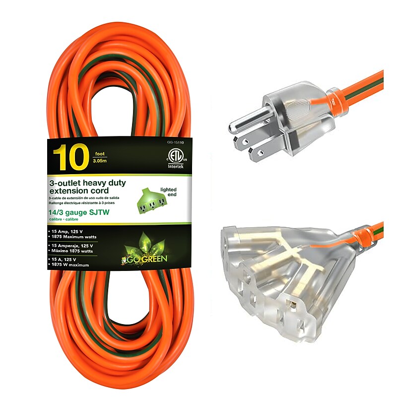 GoGreen Power Heavy Duty Extension Cord, Lighted End, Orange (GG-15110) image 1