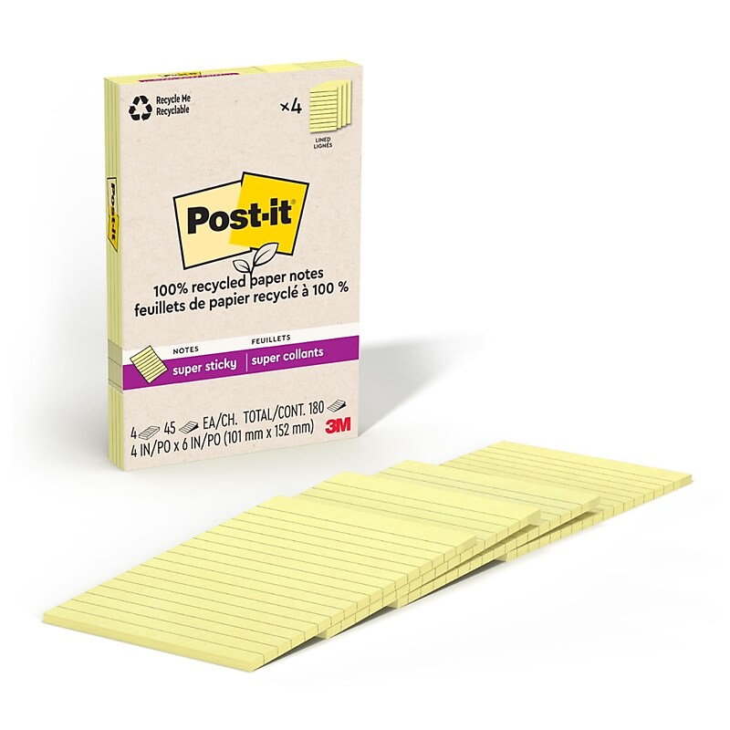 Post-it Recycled Super Sticky Notes, 4" x 6", Canary Collection, 45 Sheets/Pad, 4 Pads/Pack (4621R-4SSCY) image 1