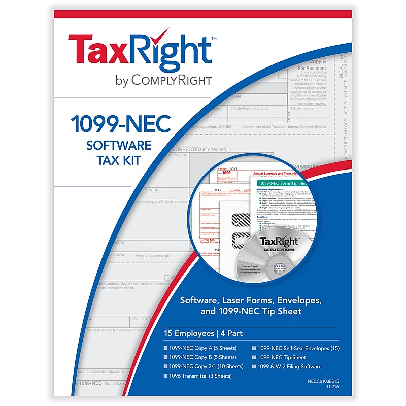 ComplyRight TaxRight 2024 1099-NEC Tax Form Tax Forms, Envelopes, TipSheet & Software, 4-Part, 15/Pack (NECSC6103ES15) image 1