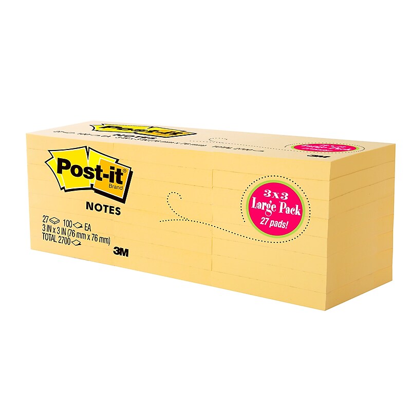 Post-it Sticky Notes, 3" x 3", Canary Collection, 100 Sheets/Pad (654-2700-YW) image 1