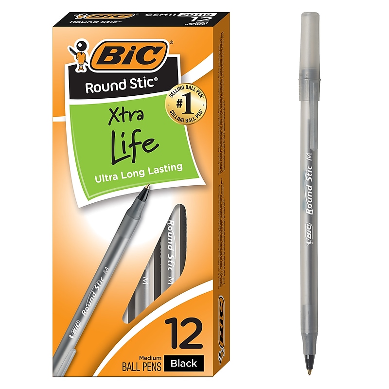 BIC Round Stic Xtra-Life Ballpoint Pen, Medium Point, 1.0mm, Black Ink, Dozen (GSM11BK) image 1