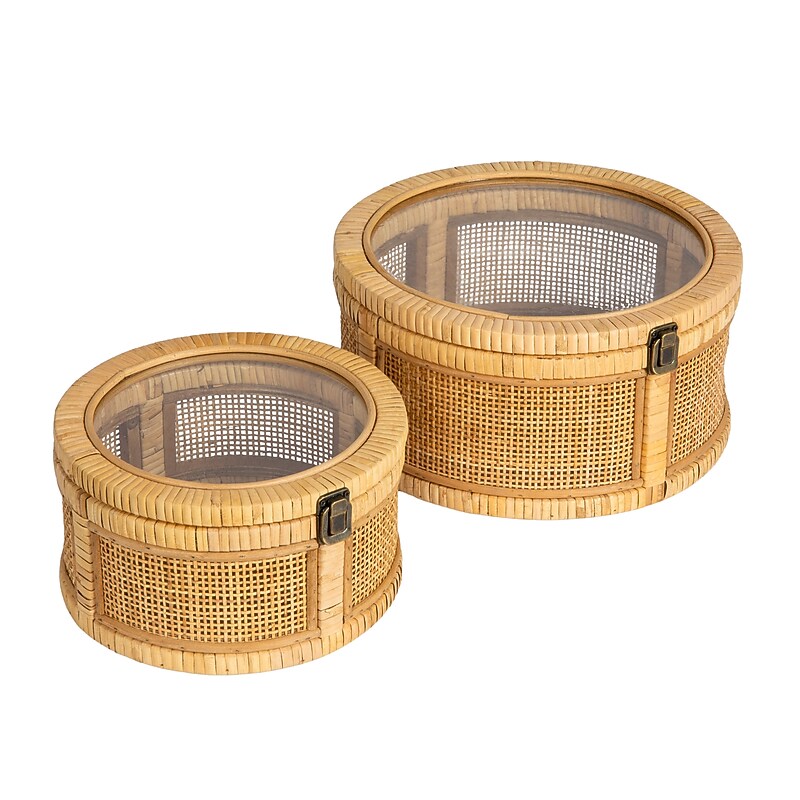 Storied Home Nestable Round Storage with Hinged Lids, Wicker, Natural, 2/Pack (EC1754) image 1