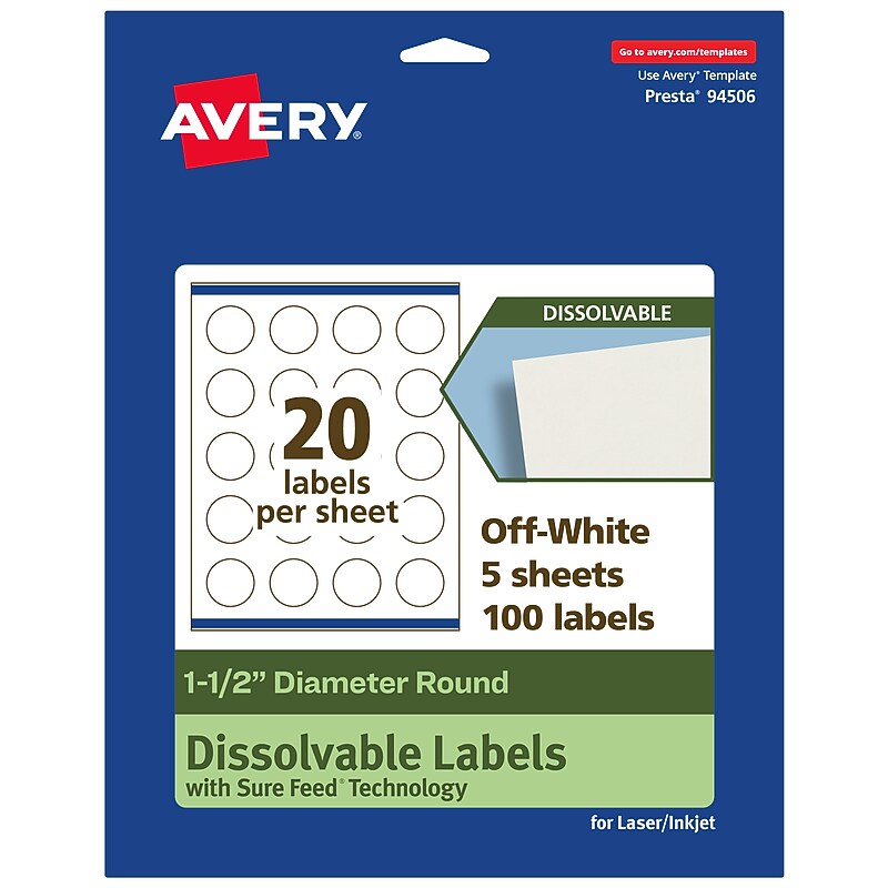 Avery Dissolvable Circle Multipurpose Labels, 1.5" Dia., Off-white, 100/Pack (94506) image 1