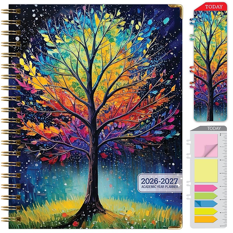 2026-2027 Excello Brands 8.5" x 11" Academic Weekly & Monthly Planner, Paperboard Cover, Black Tree Seasons (FSHN-AY26-8511-32) image 1