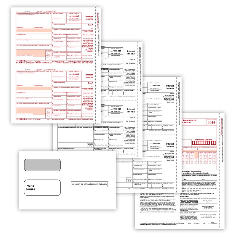 ComplyRight 2024 1099-INT Tax Form Envelopes, 4-Part, 2-Up, Copies A, B, C, 10/Pack (6106E10) image 1