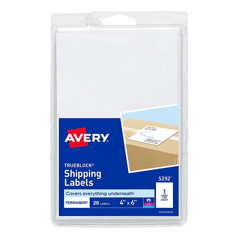 Avery TrueBlock Laser/Inkjet Shipping Labels, 4" x 6", White, 20 Labels/Pack (5292) image 1